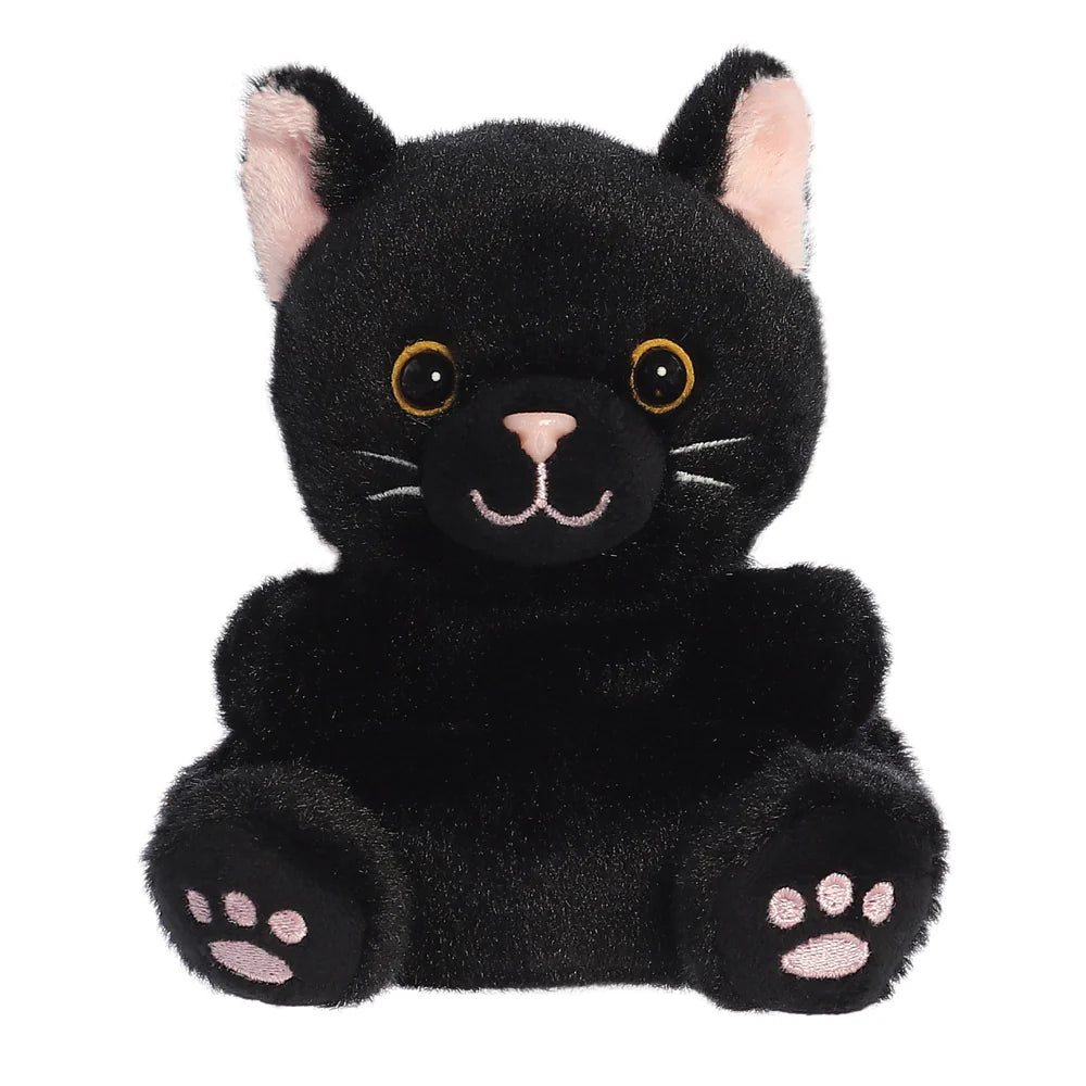 Palm Pals Twilight Black Cat plush, a small palm-sized stuffed black cat with striking amber eyes outlined in gold, a pink nose, embroidered whiskers, and pink paw pad details on the feet
