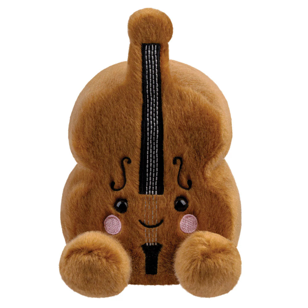 Aurora Palm Pals Vanessa Violin plush β a warm brown violin-shaped soft toy with embroidered black strings, f-hole details along the body, pink blush cheeks, and a gentle smiling face