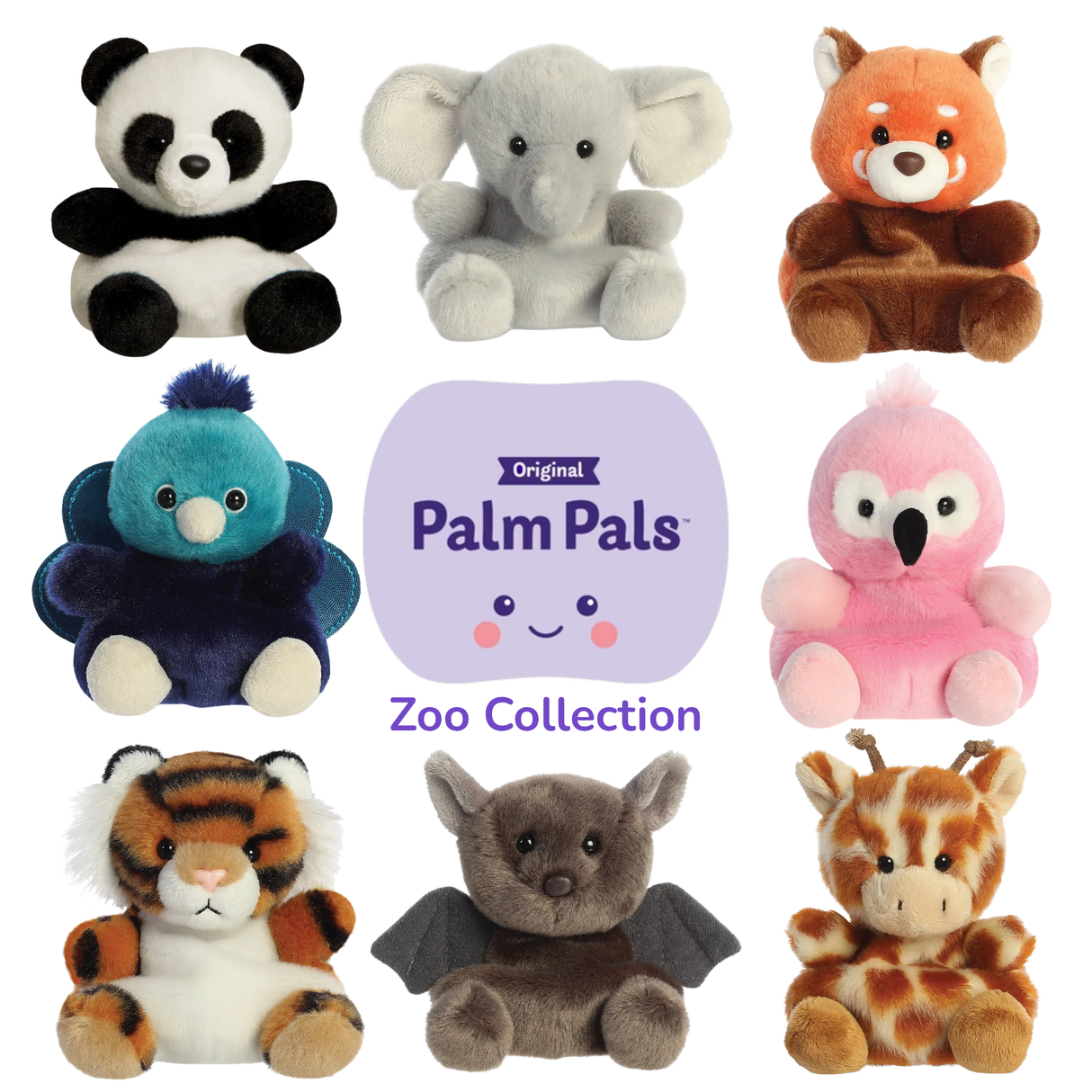 Official Palm Pals Zoo Collection promotional grid image featuring eight characters: Bamboo Panda, Stomps Elephant, Rei Red Panda, Elton Peacock, Pinky Flamingo, Indy Tiger, Luna Bat, and Safara Giraffe, arranged around the Palm Pals logo on a white background