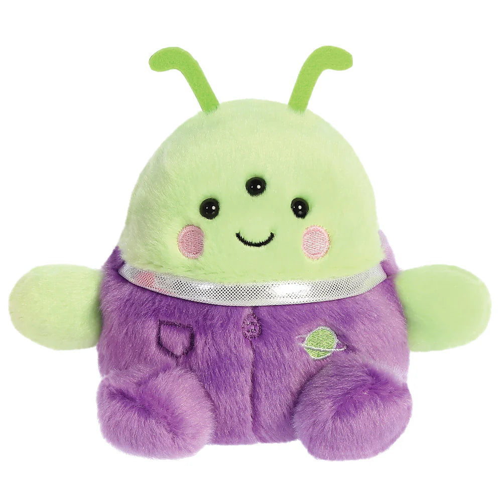 Palm Pals Zorg Green Alien plush with lime green head, green antennae and purple spacesuit with planet embroidery