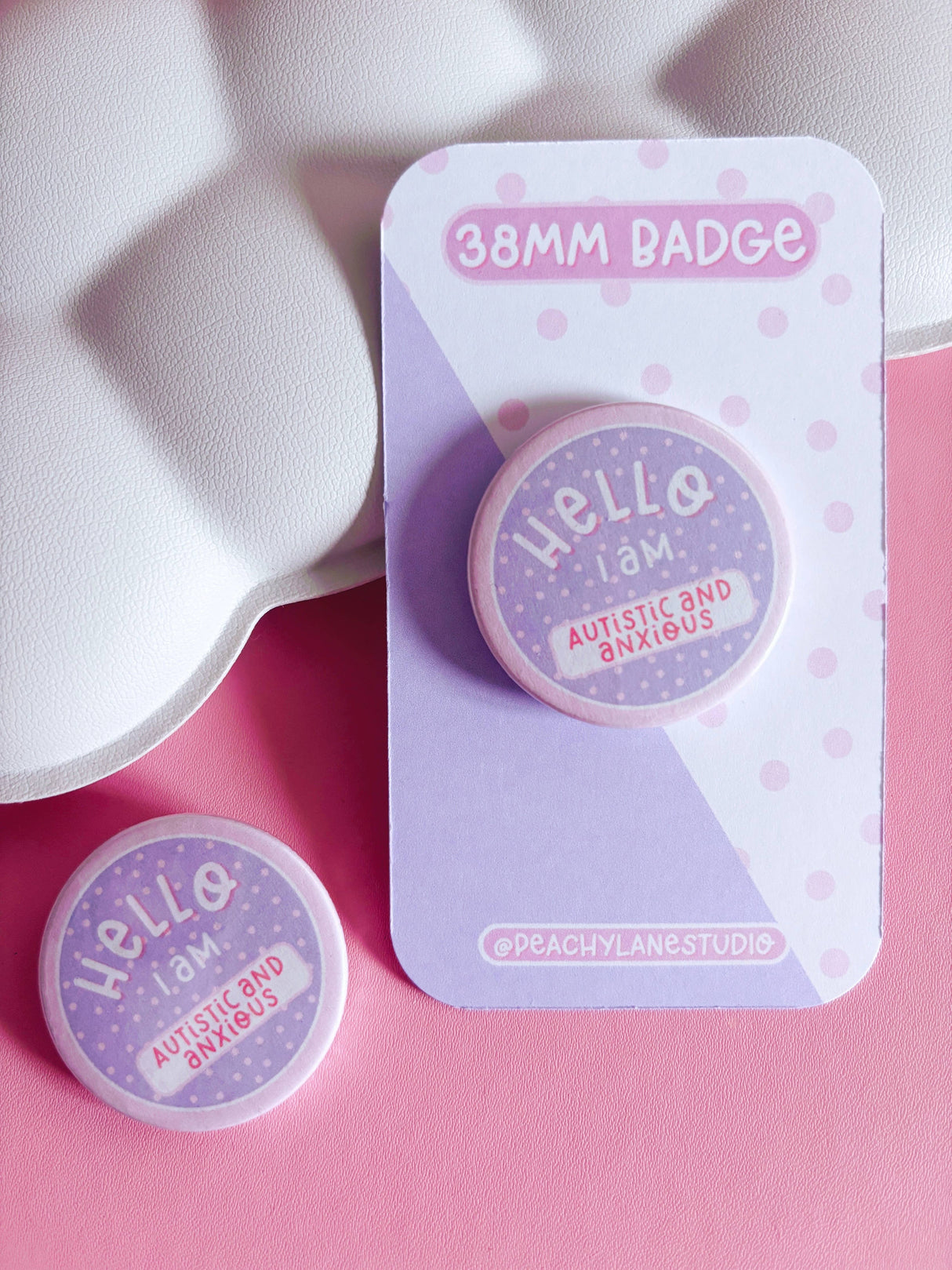 Peachy Lane Studio Hello I Am Autistic and Anxious badge on and off backing card, lilac