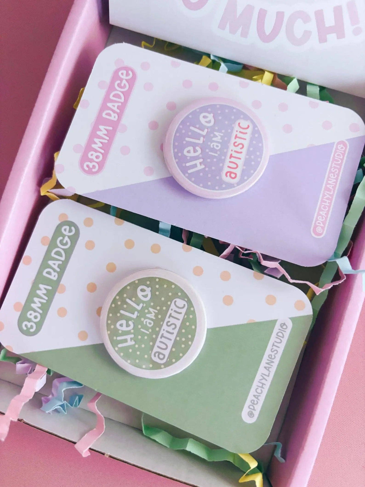 Peachy Lane Studio Hello I Am Autistic badge green and lilac in pink gift box