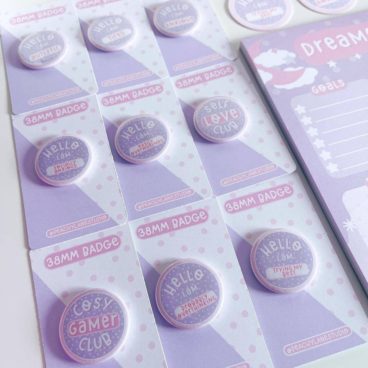 Peachy Lane Studio autistic and mental health badge range, lilac backing cards