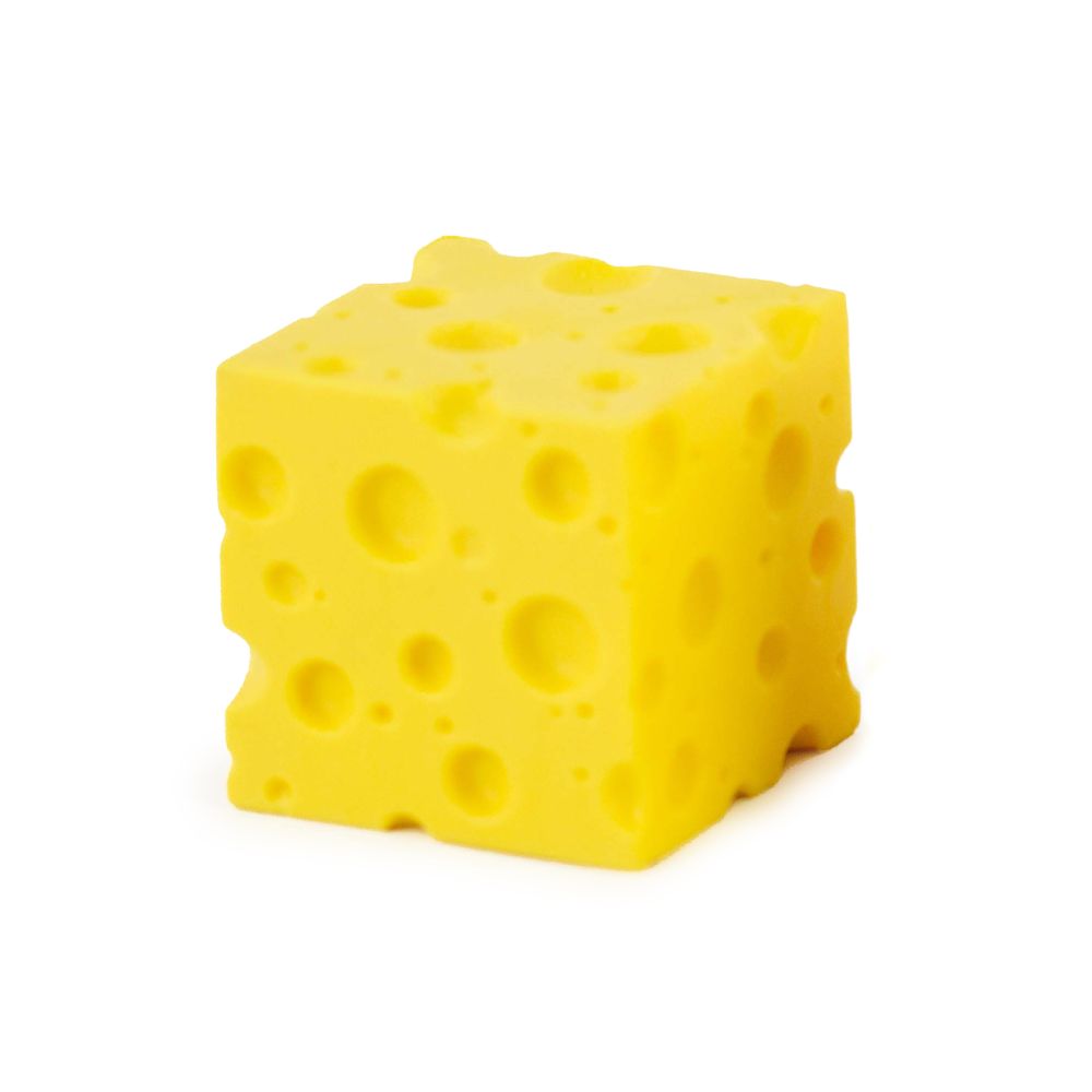 Yellow holey cheese block squeeze toy, standalone product shot