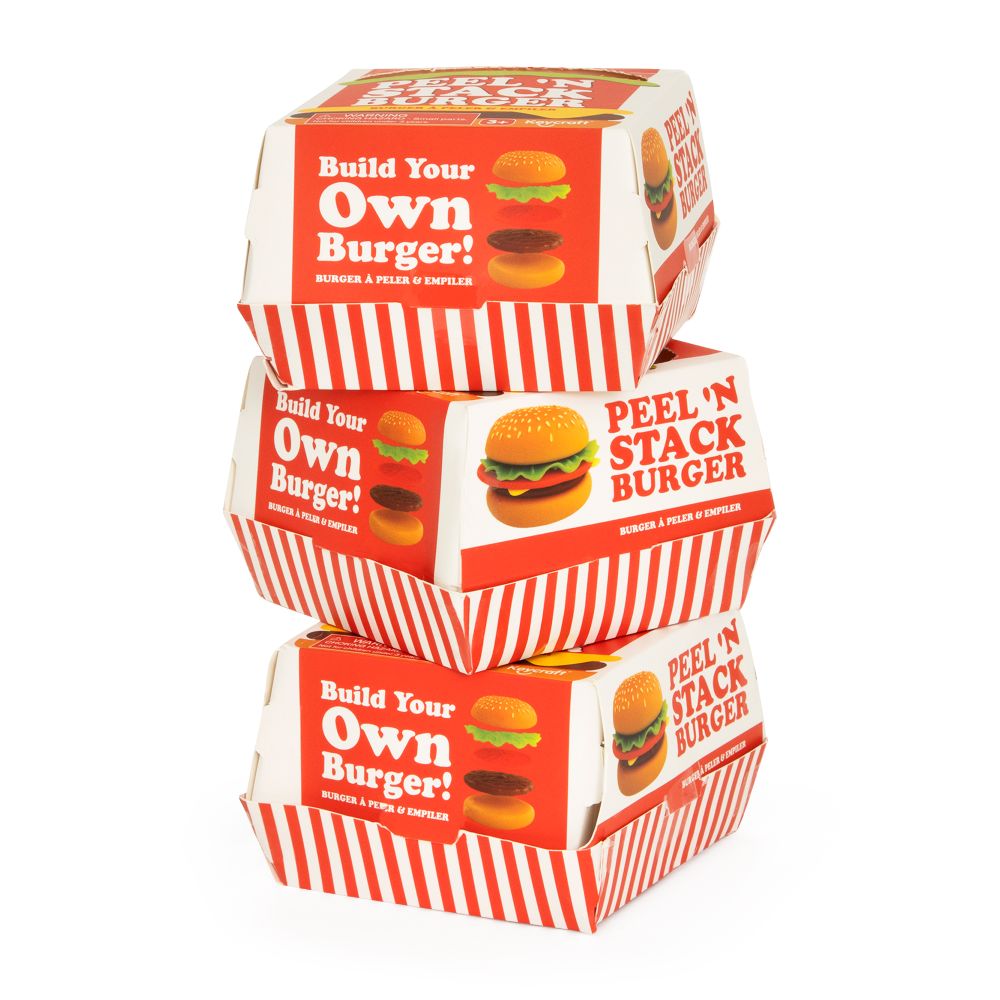 Three Keycraft Peel N Stack Burger gift boxes stacked showing retro red and white striped packaging