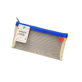 Petra Boase pale mesh handy case with bright blue zip shown flat against white background with Handy Case tag