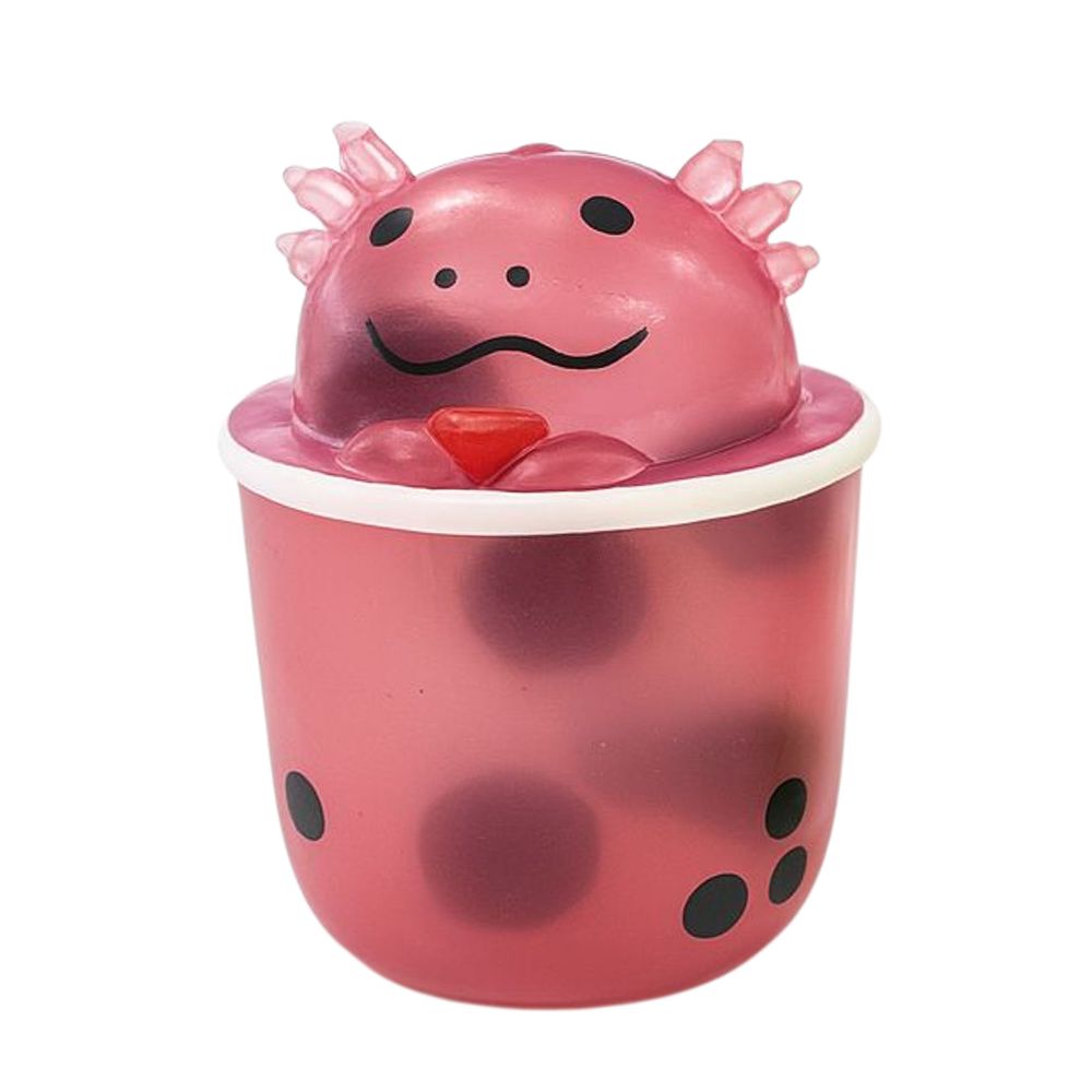 Pink axolotl boba tea squish toy with spiky head and bubble tea cup body