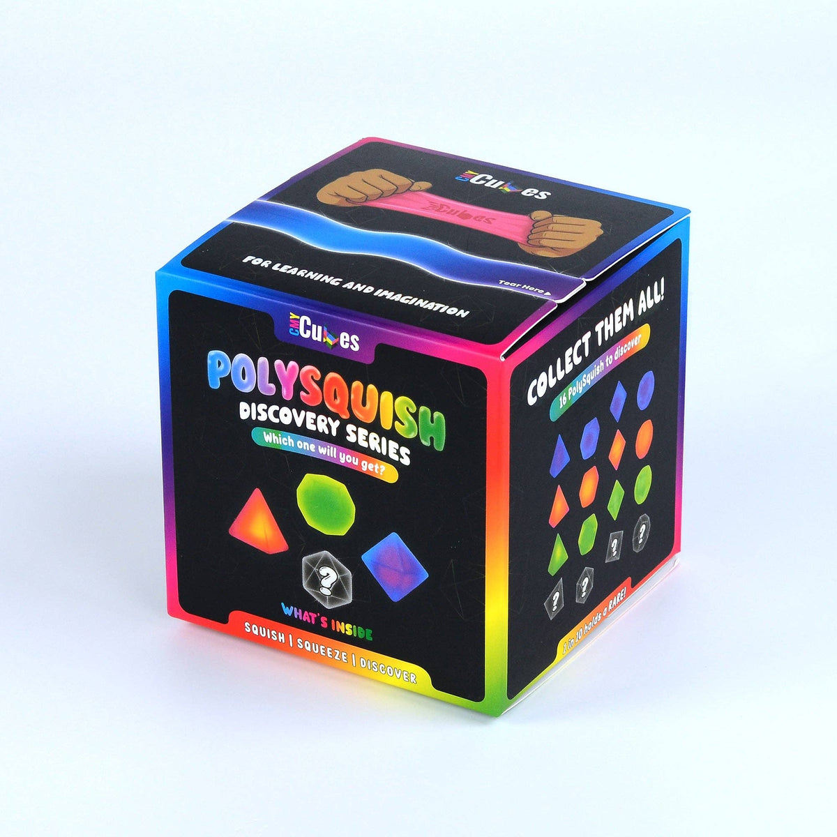 A 3D-rendered or photographed cube-shaped product box for 'Polysquish Discovery Series' by 'Cub65', shown on a plain light gray/white background. The box is mostly black with rainbow gradient edges and colorful printed graphics including geometric shapes and text such as 'Collect Them All' and 'Squish & Squeeze & Discover.