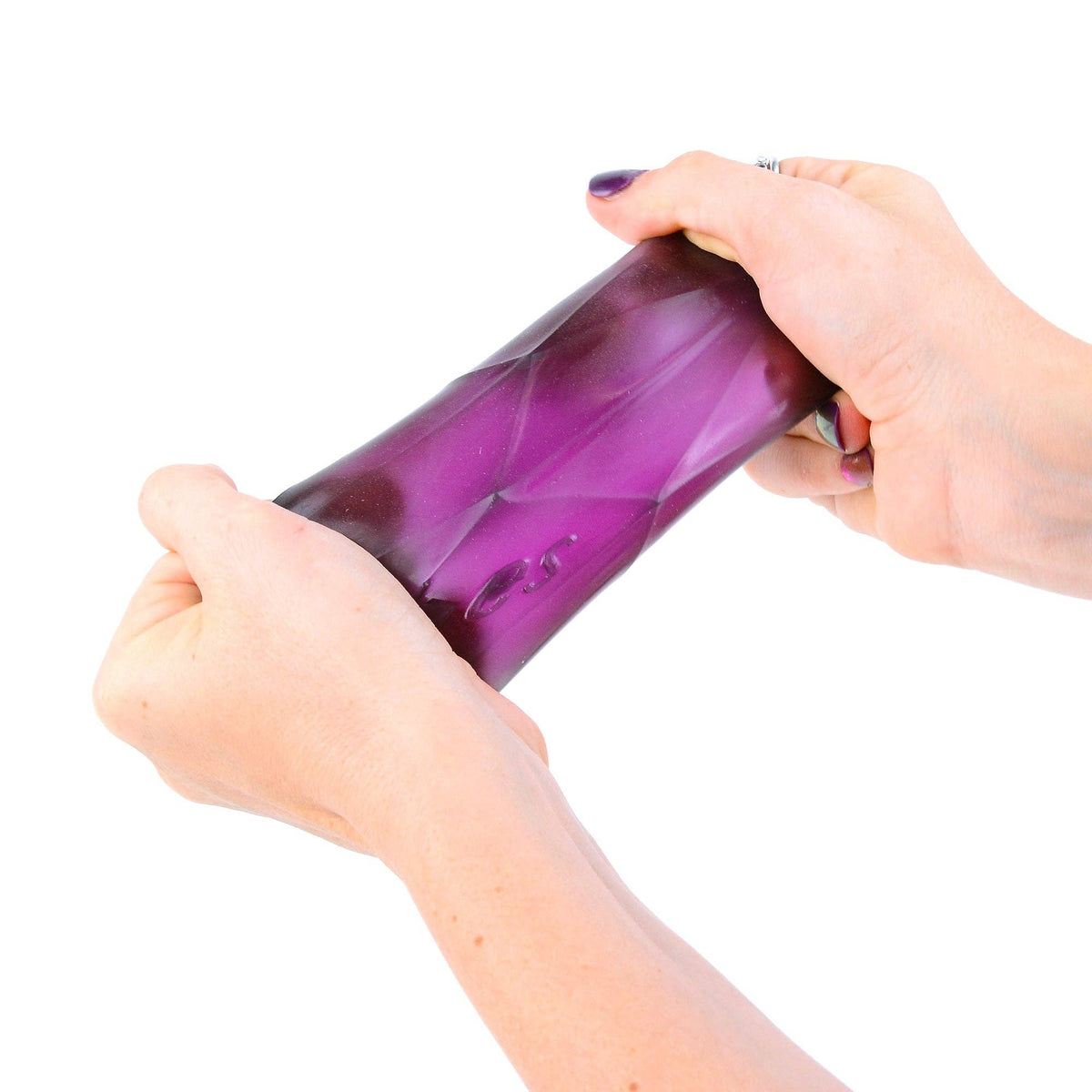 Purple squishy being stretched by a person on a white background