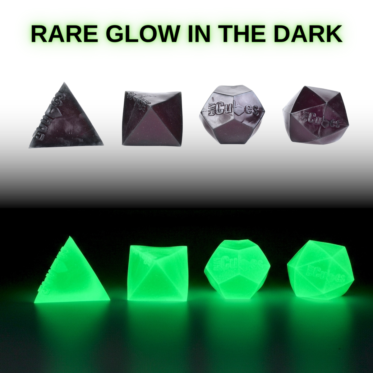 Glow-in-the-dark polyhedral squishy set with text 'Rare Glow in the Dark' on a gradient background.