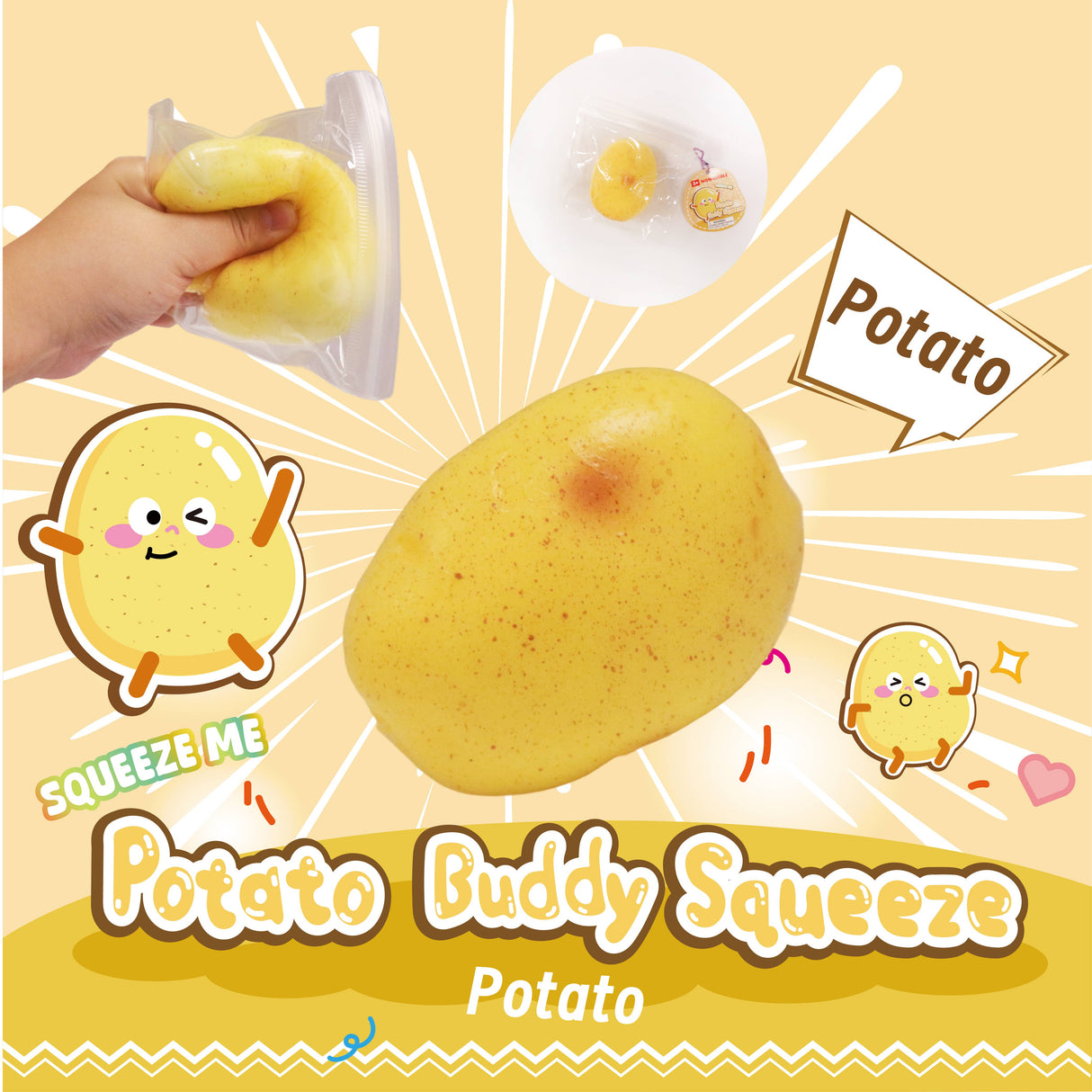 Potato-shaped stress reliever with cartoon character on a yellow background