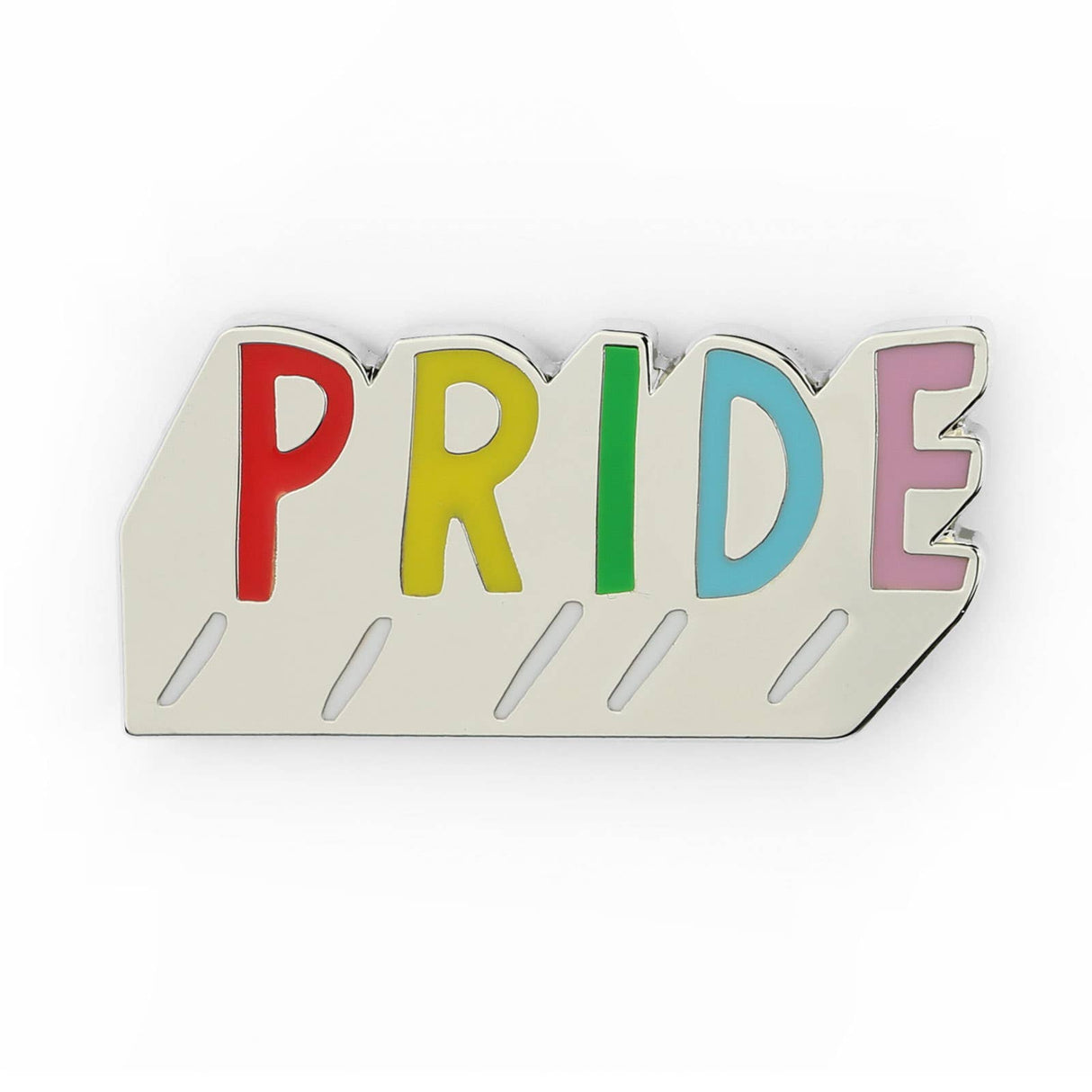 Pride enamel pin with rainbow coloured letters spelling PRIDE on a silver cut-out base