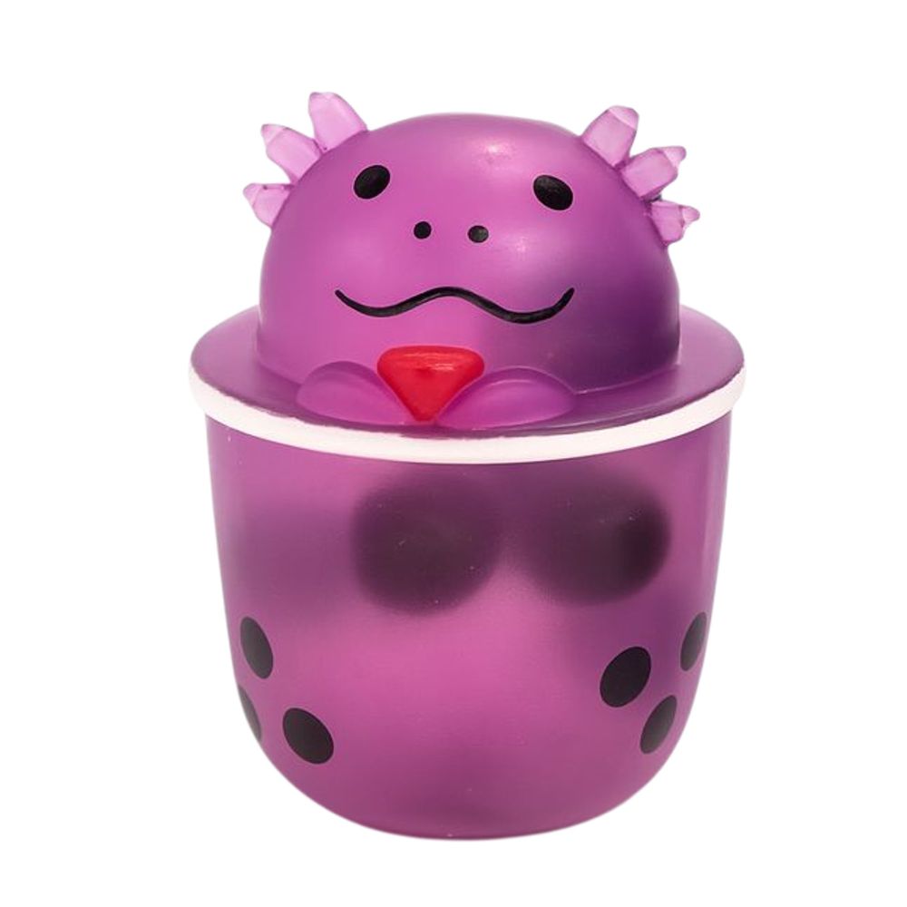 Purple axolotl boba tea squish toy with spiky head and bubble tea cup body
