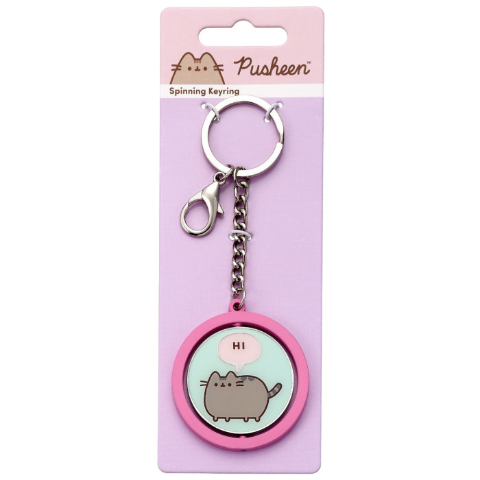 Official Pusheen Hi Bye Spinning Keyring on backing card, pink mint green
