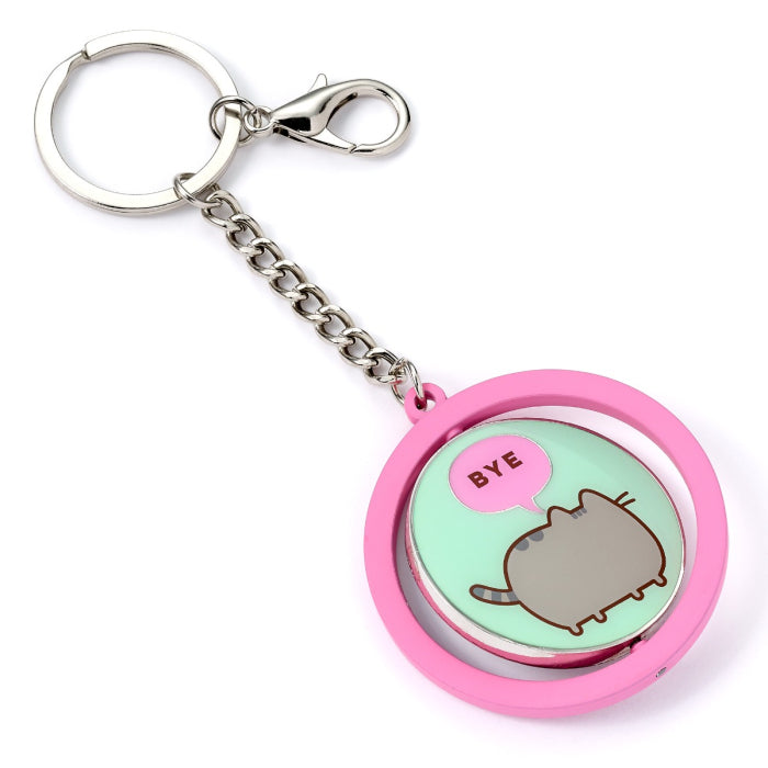 Official Pusheen Hi Bye Spinning Keyring, Bye side, pink frame angled view
