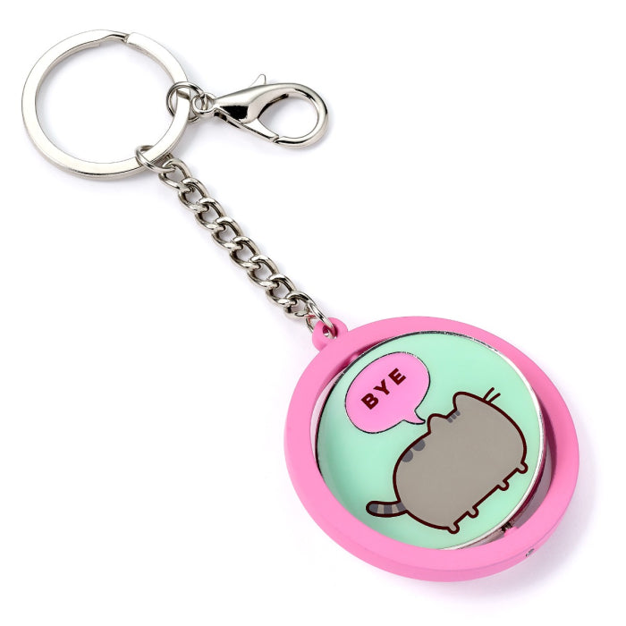 Official Pusheen Hi Bye Spinning Keyring, Bye side front view, pink mint green