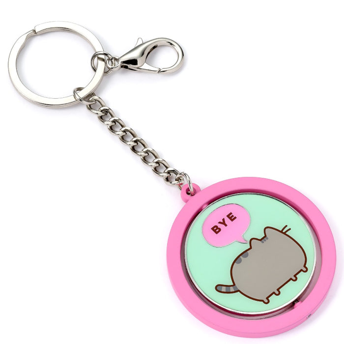 Official Pusheen Hi Bye Spinning Keyring, Bye side straight-on, pink frame