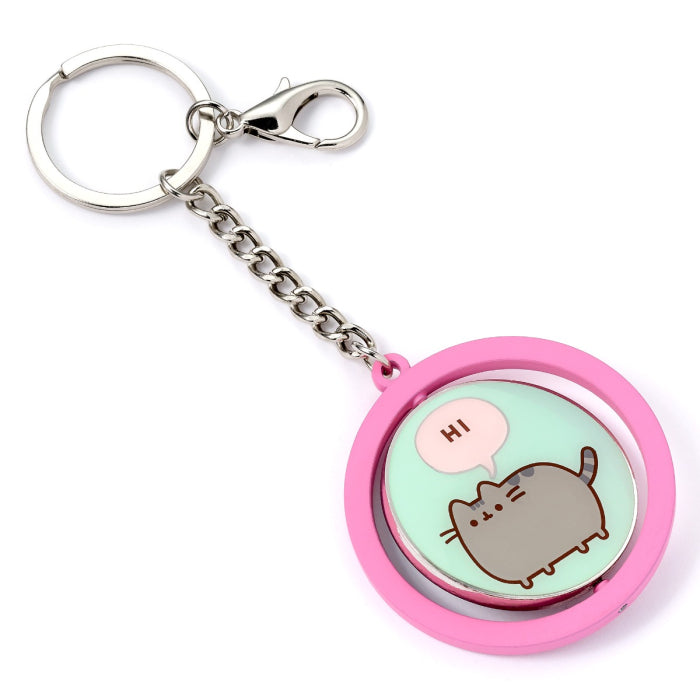 Official Pusheen Hi Bye Spinning Keyring, Hi side, pink frame angled view
