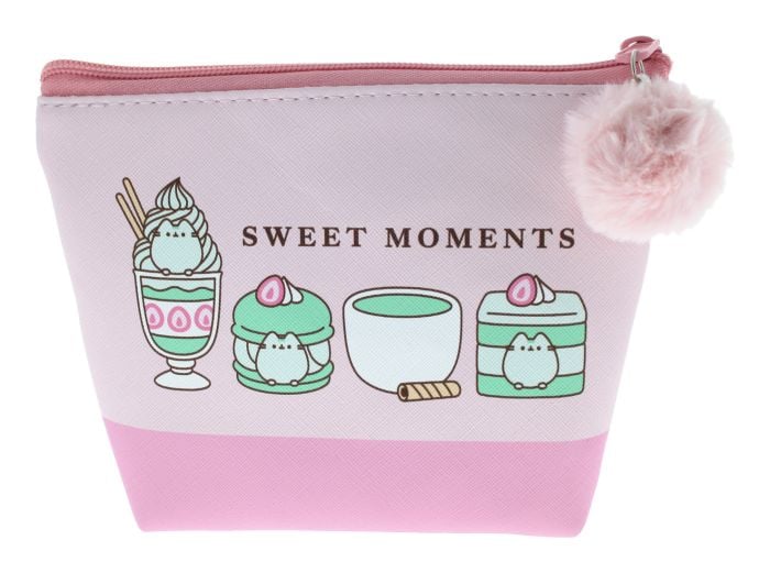 Pusheen Sweet Moments pink PU zip pouch with pom pom, kawaii dessert print