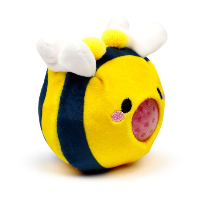 Yellow and navy plush bumble bee Queasy Squeezie solo shot showing fabric wings and water bead nose