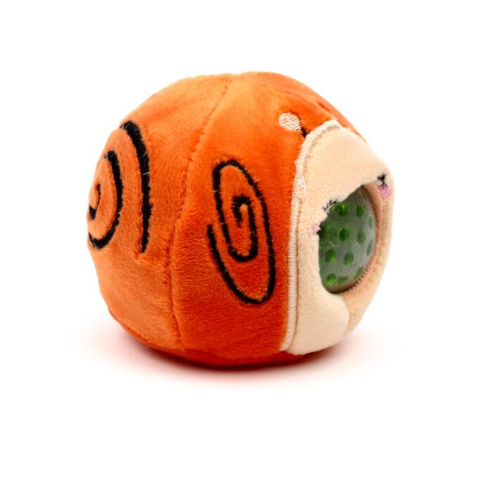 Orange plush snail Queasy Squeezie solo shot showing embroidered shell swirls and water bead nose