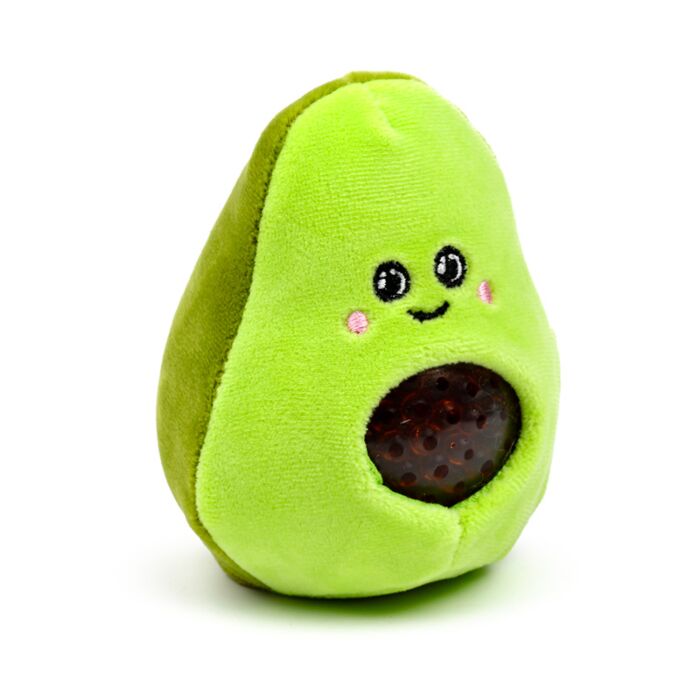 Queasy Squeezies avocado plush squeeze toy angled front view showing embroidered kawaii face and water bead pit