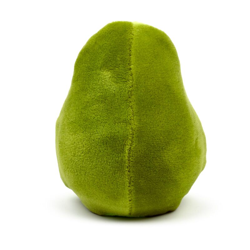 Rear view of Queasy Squeezies avocado plush squeeze toy showing soft green velvet construction and seam detail