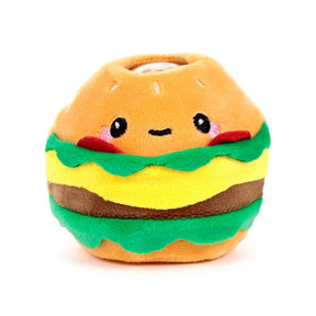 Queasy Squeezies Foodiemals burger plush squeeze toy front view showing layered bun, cheese, lettuce and patty detail with kawaii embroidered face