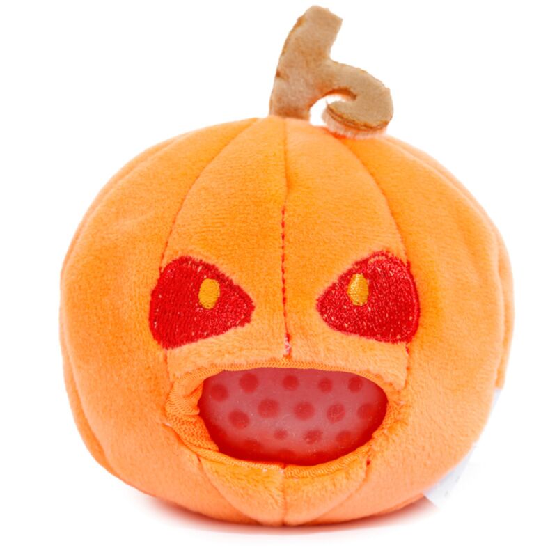 Queasy Squeezies orange pumpkin plush squeeze toy with a red gel bead mouth panel