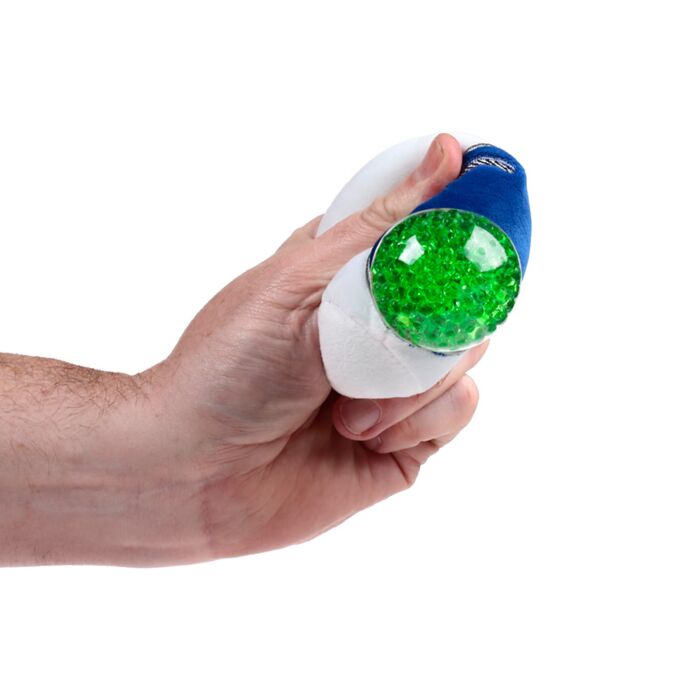 Hand squeezing a white and blue astronaut helmet Queasy Squeezie causing a green water bead visor to bulge out