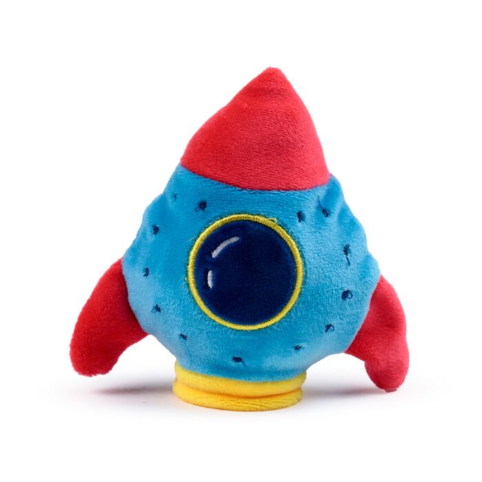 Blue and red plush rocket Queasy Squeezie solo product shot showing porthole window and fin detail