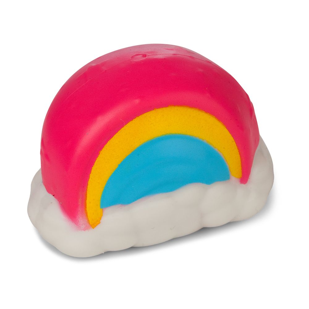 Bright pink, yellow and blue squishy rainbow cloud toy with white cloud base on a white background