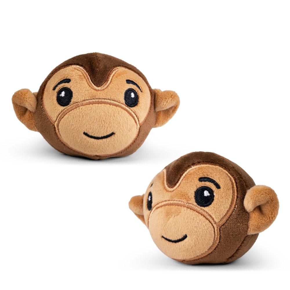 Two views of the kawaii monkey plush sugar-filled sensory squeeze toy showing embroidered face and side angle