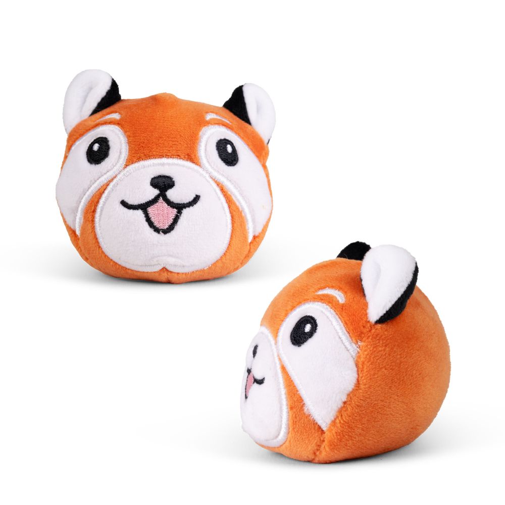 Two views of the kawaii red fox plush sugar-filled sensory squeeze toy showing embroidered face and white ear tips
