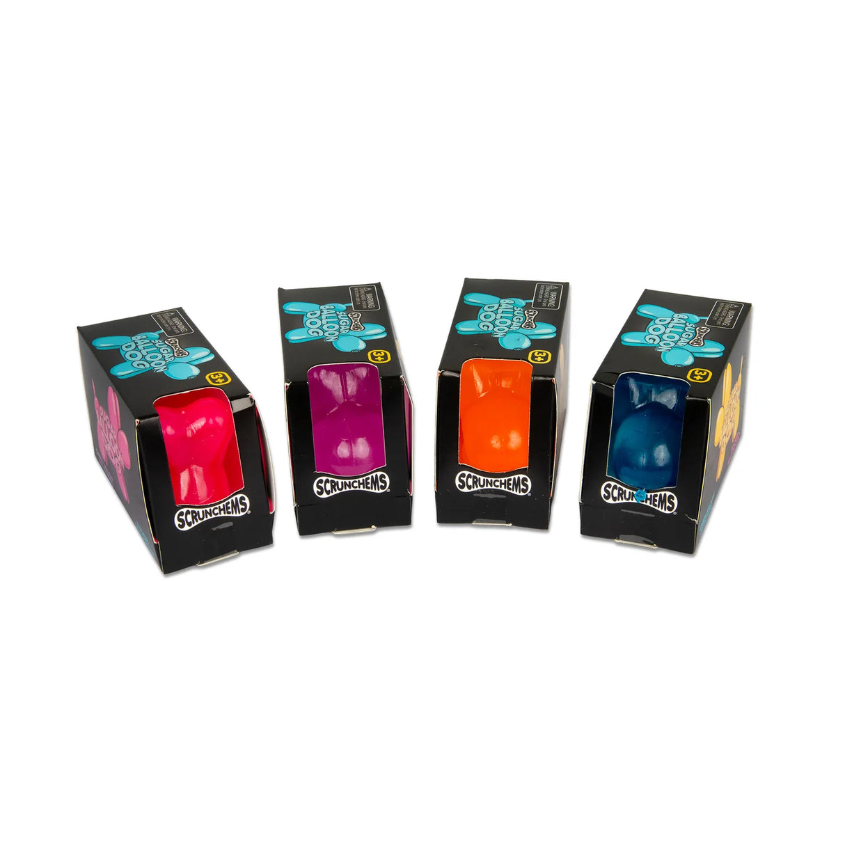 Four Scrunchems Sugar Balloon Dog boxes in a row showing pink, purple, orange and blue colour variants