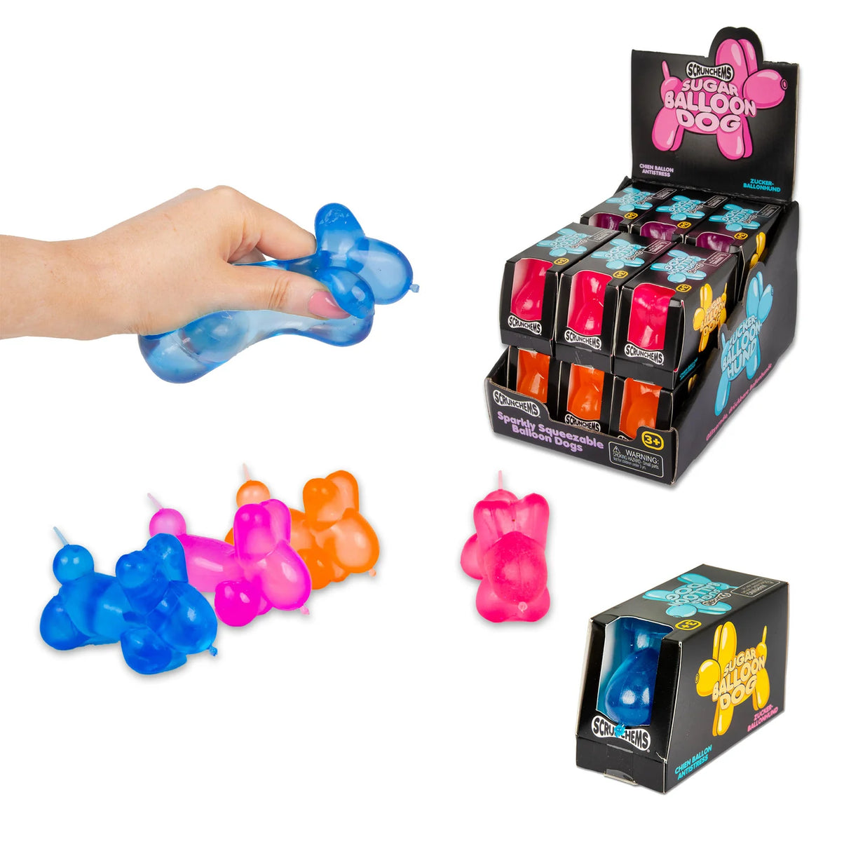 Hand squeezing a blue Scrunchems balloon dog squishy alongside all four colour variants, single boxed unit, and retail display box