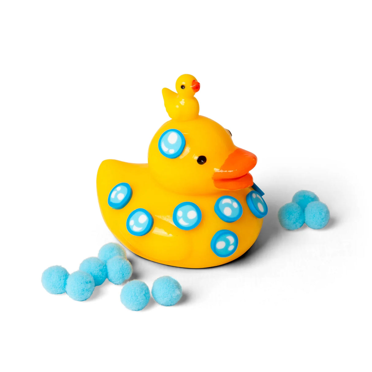 Yellow Scrunchems squishy duck with blue bubble discs and scattered light blue sticky pom-pom balls