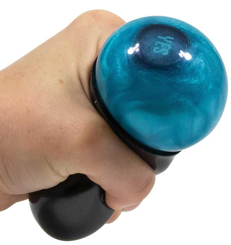 Hand squeezing Scrunchems Fortune Teller Squish Ball revealing yes answer through teal decision window