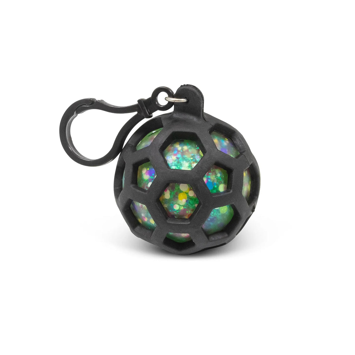 Close-up of green scrunchems glitter squishy ball showing tactile gel texture