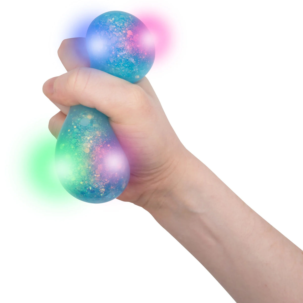 Hand squeezing a Scrunchems Galaxy Light Up Squish Ball with colourful lights flashing inside