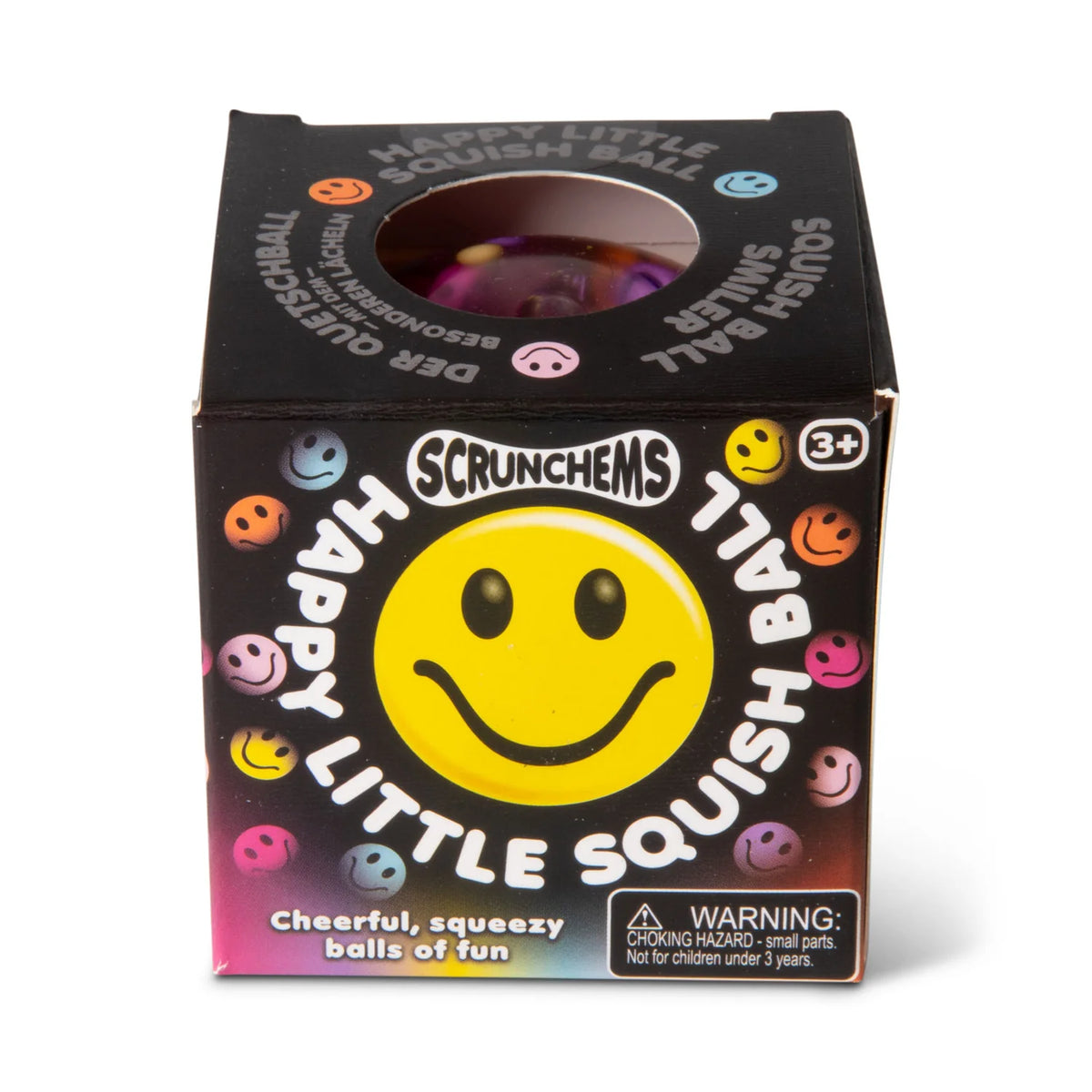Scrunchems Happy Little Squish Ball box front with smiley face design and product window