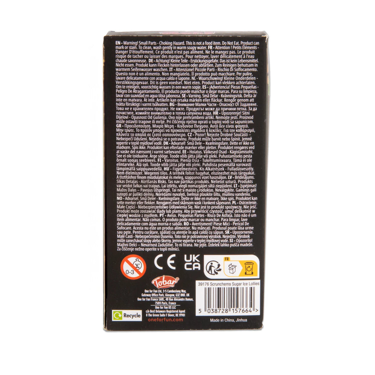 Back of Scrunchems Sugar Ice Lolly box showing multilingual warning text, safety symbols, and barcode
