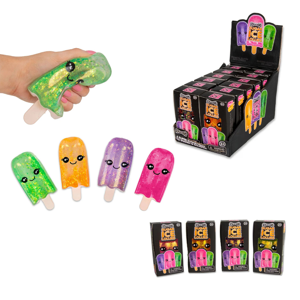 Four glitter Scrunchems Sugar Ice Lolly squishies in green, orange, purple and pink shown with retail display box and individual boxes