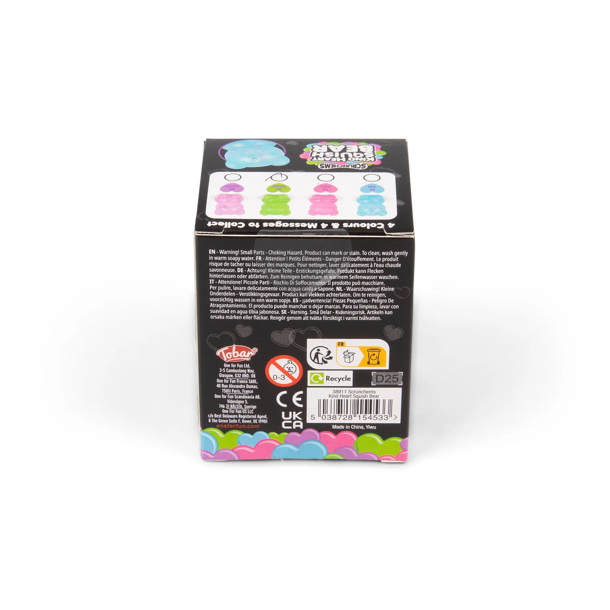 Back of Scrunchems Kind Heart Squish Bear box showing 4 colours and 4 messages to collect
