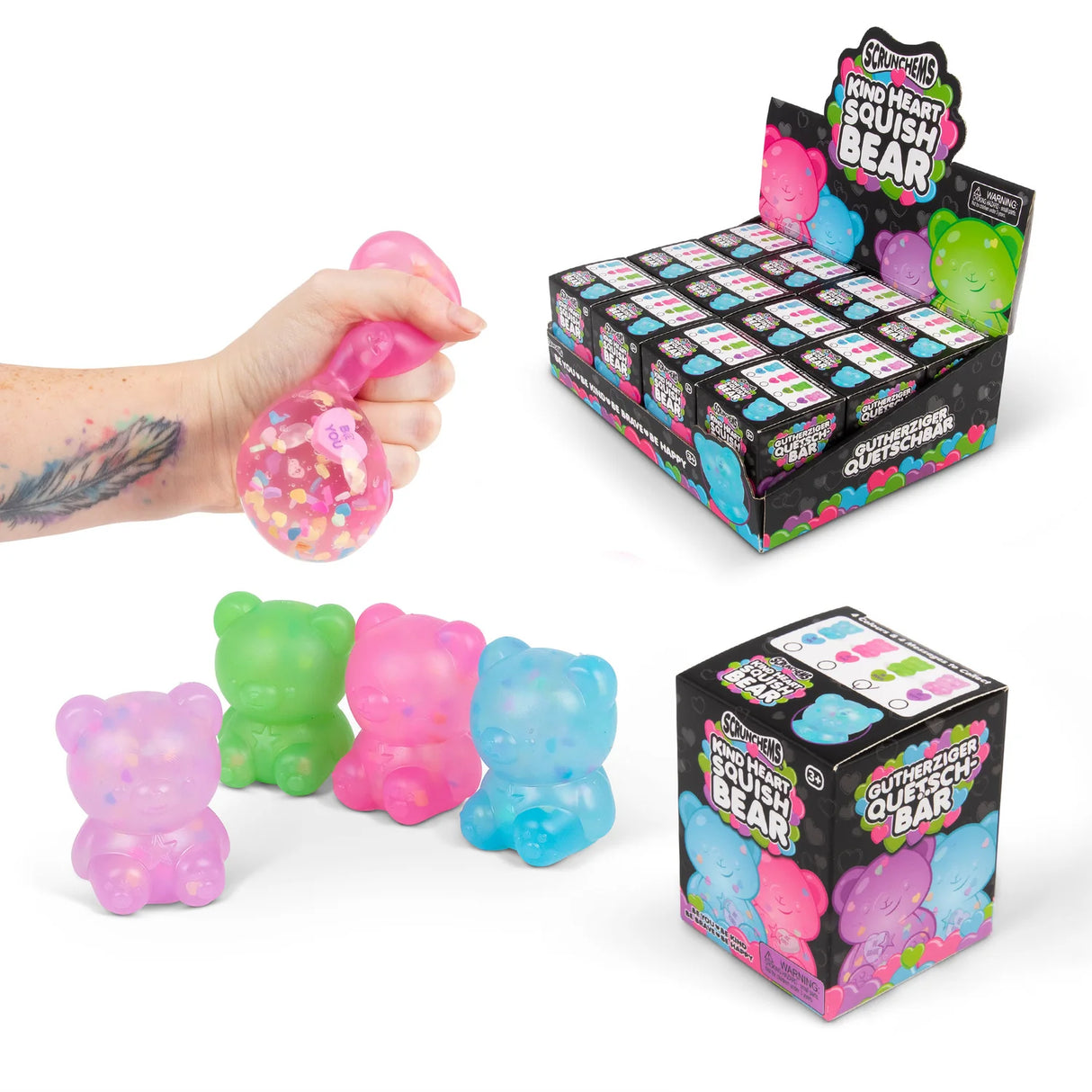 All four Scrunchems Kind Heart Squish Bears in pink, green, blue and purple alongside product packaging