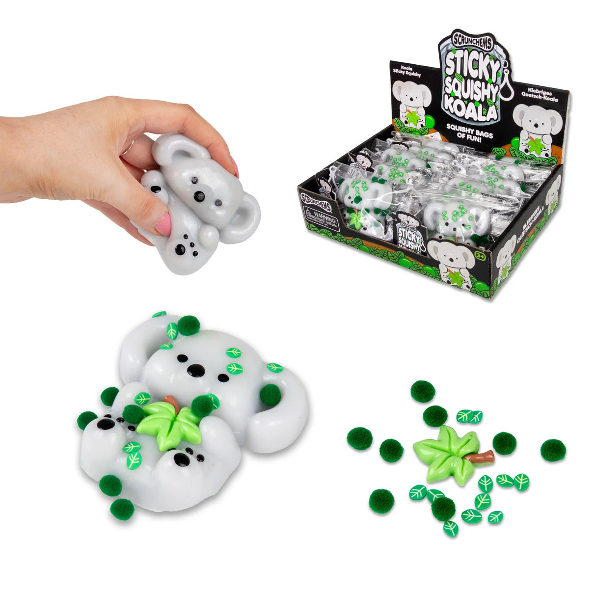 Scrunchems Sticky Squishy Koala shown being squeezed alongside its accessories and retail display box