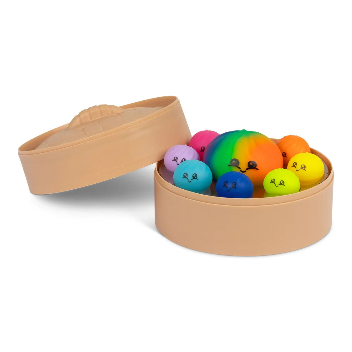 Angled view of an open Scrunchems steamer box filled with nine kawaii dumpling squishy toys