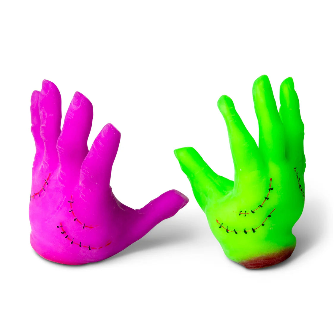 Green and pink Monster Hands standing facing forward showing finger detail