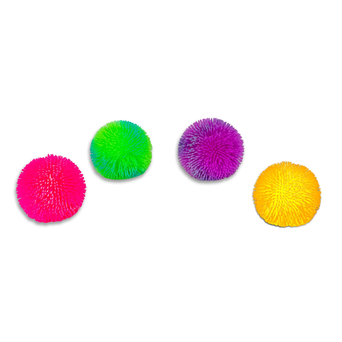 Four Scrunchems Ombre Sensory Sugar Ball puffer toys in pink, green, purple and yellow colourways