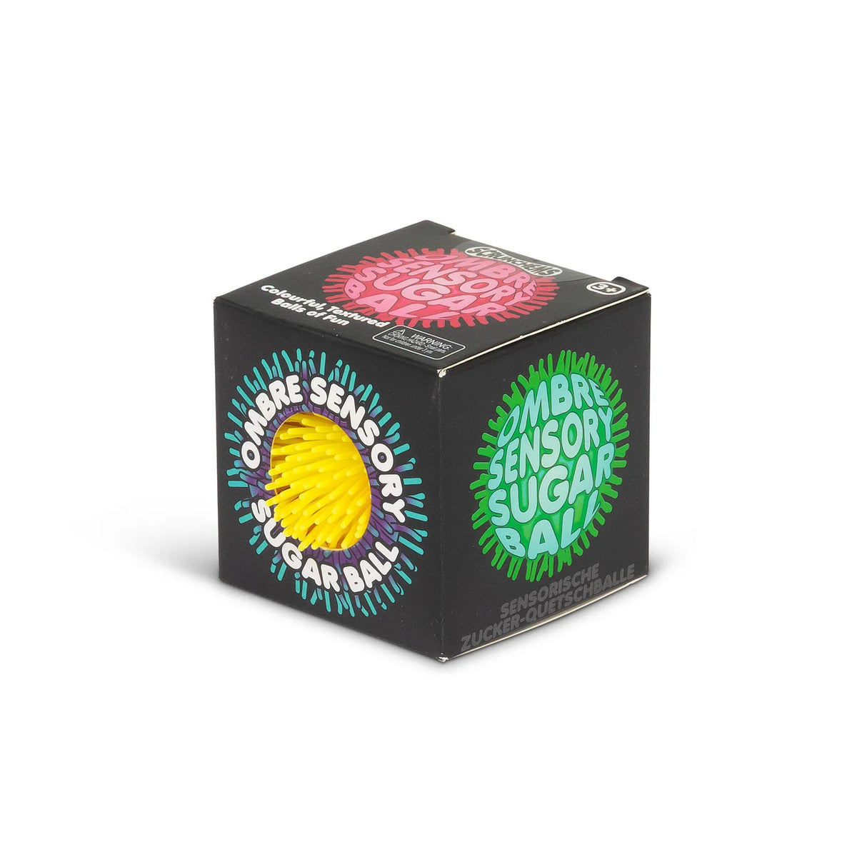 Angled view of Scrunchems Ombre Sensory Sugar Ball packaging box showing yellow and green side panels